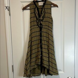 Anthropologie Postmark olive green and black embroidered ruffled high-low dress